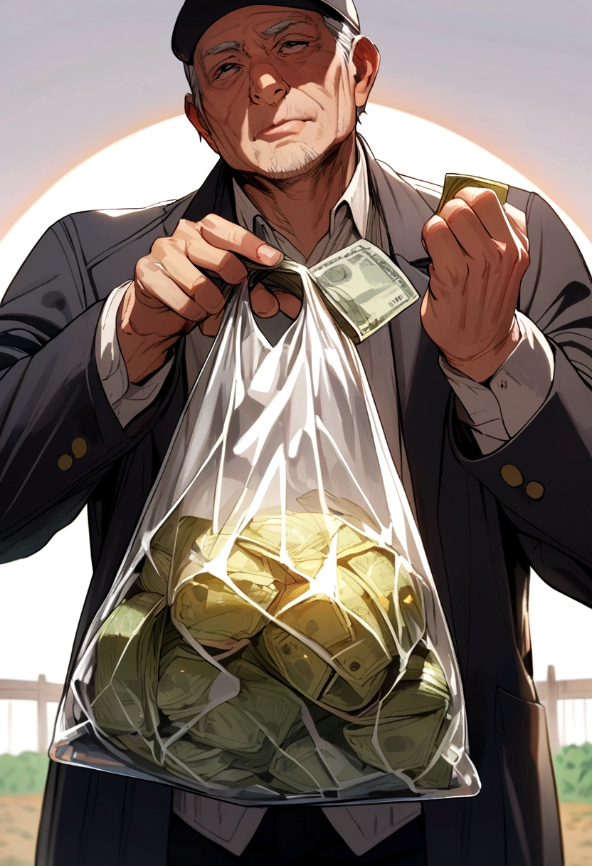 a man who owns a farm, holding a bag of money
