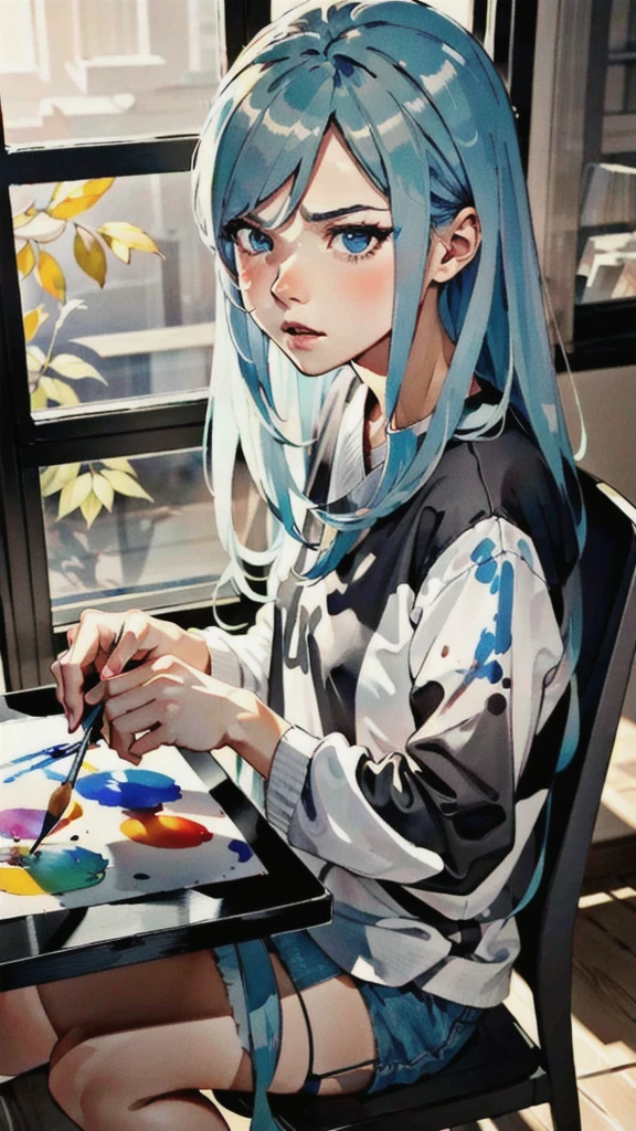 アニメ girl with a brush and a painting board in front of a window, painted in アニメ painter studio, Realistic cute girl drawing, beautiful アニメ portrait, アニメ. Soft lighting, Detailed painting 4k, アニメ realism style, realistic アニメ artstyle, Gweiz-style artwork, realistic アニメ art style, made with アニメ painter studio, portrait アニメ girl,Bad mood,angry,Looking up at the sky