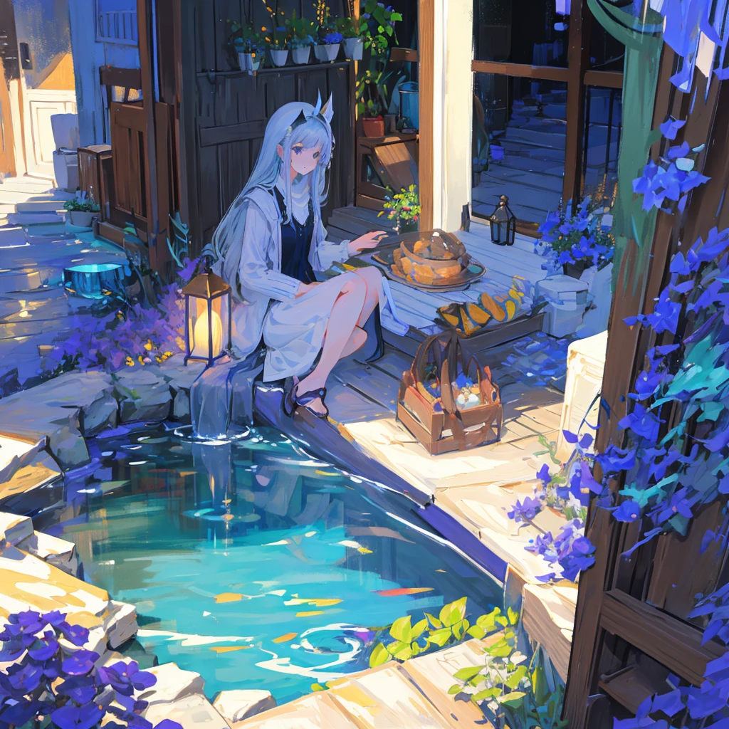 Drawing of an afternoon with shadow and the full moon of Lucero in front of a crystalline fountain