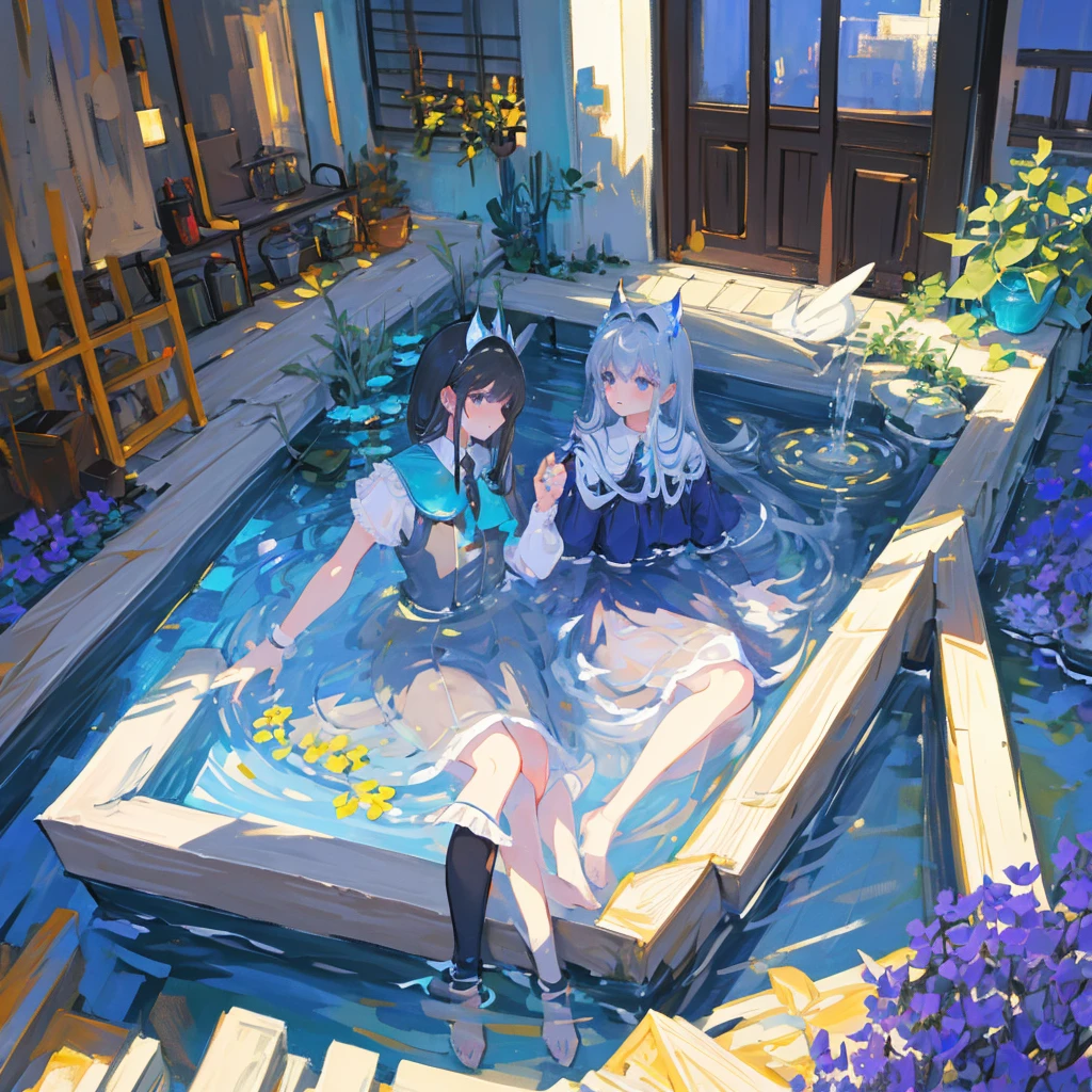 Drawing of an afternoon with shadow and the full moon of Lucero in front of a crystalline fountain