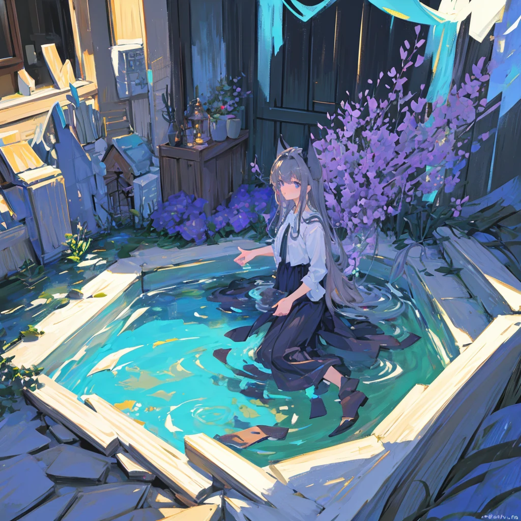 Drawing of an afternoon with shadow and the full moon of Lucero in front of a crystalline fountain