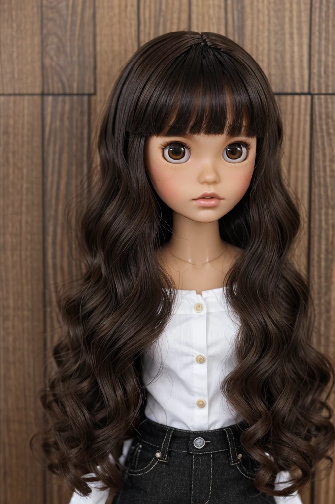 make a blythe doll hair below the shoulders, a little wavy, black with a little coffee, that has bangs and toni with brown skin and brown eyes
