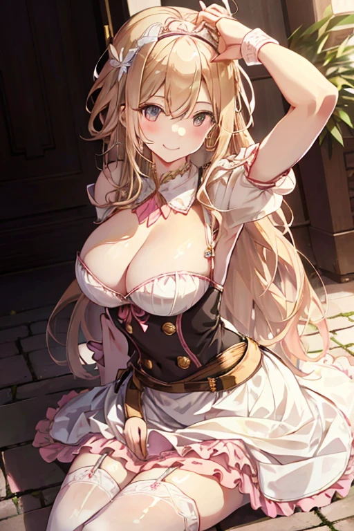Adult Woman, Long dark blonde wavy hair、her thin pubic hair, White and pink dress, y nippng flared skirt)、garter stocking、beautiful tiara、Earring、Medium milk, cute smile face、(Pose to lean forward and emphasize the chest)、sexy hips、h-heels、atlibrary、Sit on your knees on the floor、((Close your arms to your chest and look up)),(with sparkling eyes and a contagious smile), looking at viewer,
