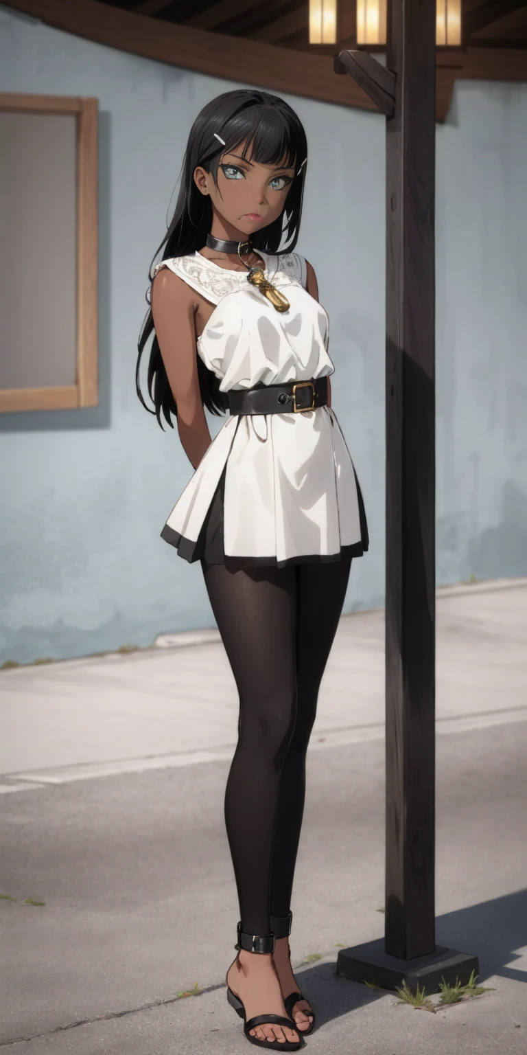 (Masterpiece, best quality, intricate details, 1sologirl) iron collar, arms behind back, iron cuffs, shackles, leather collar choker neck bell, bound ((standing by wooden pole:1.2)) ((female Black Dark skin Gyaru)) show entire body frontal position, feet in view, realistic, gorgeous 16y.o. darkest skinned mixed race female, black African, transparent black pantyhose, legs open, museum,barefoot no shoes, looking to viewer straight symmetrical, white silver long hair