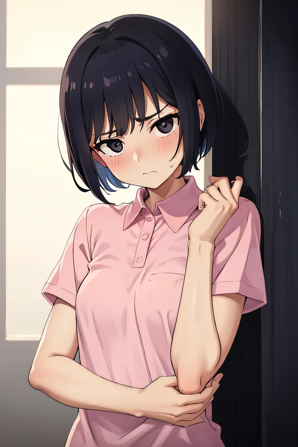 1. Beautiful woman in a pink polo shirt, Black eyes, short sleeves, short hair, Small breasts,Black Hair, hospital beautiful cute high quality drool touch perfect fingers naked mouth on penis perfect penis perfect hands embarrassed face man