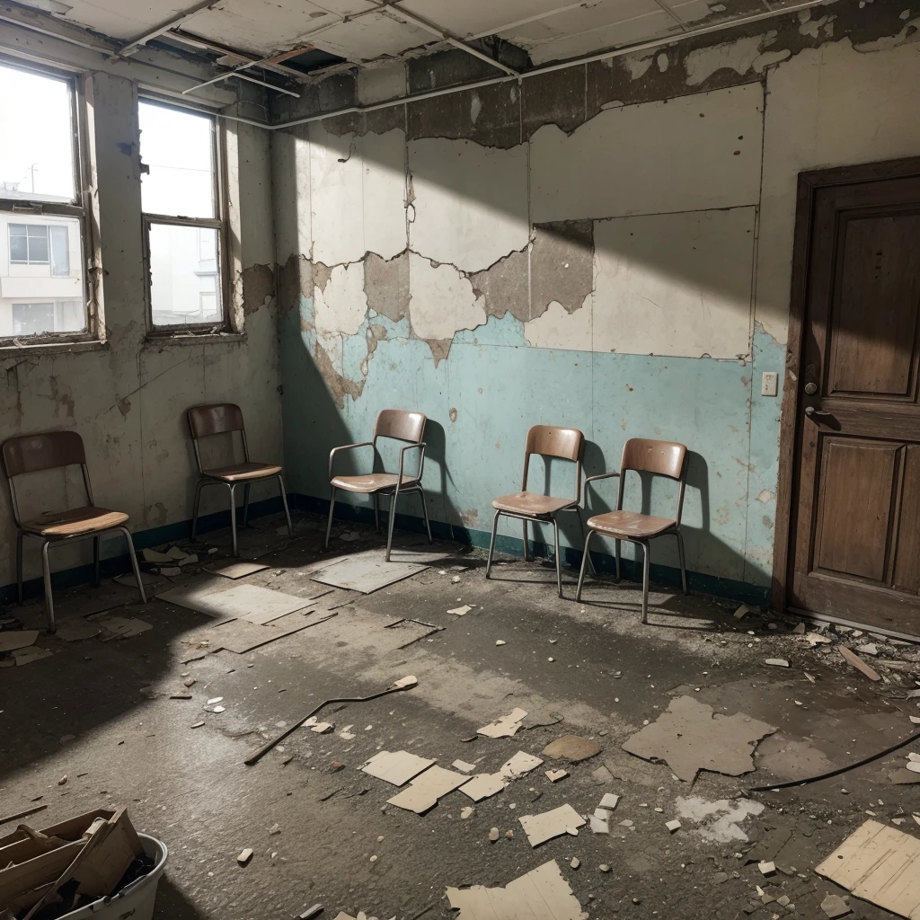 I would like an image of a scary police station. The environment must be large and dirty, with peeling walls and details that indicate abandonment and neglect. In the center, there will be a reception desk lit by only a dim spotlight, creating intense shadows around it. Around the counter, there should be approximately five simple, damaged plastic chairs. The floor is worn linoleum. On the walls, I would like to see details such as old posters, an outdated bulletin board, perhaps some stains that indicate leaks or infiltrations. The environment must convey a feeling of neglect and desolation typical of a neglected place."
