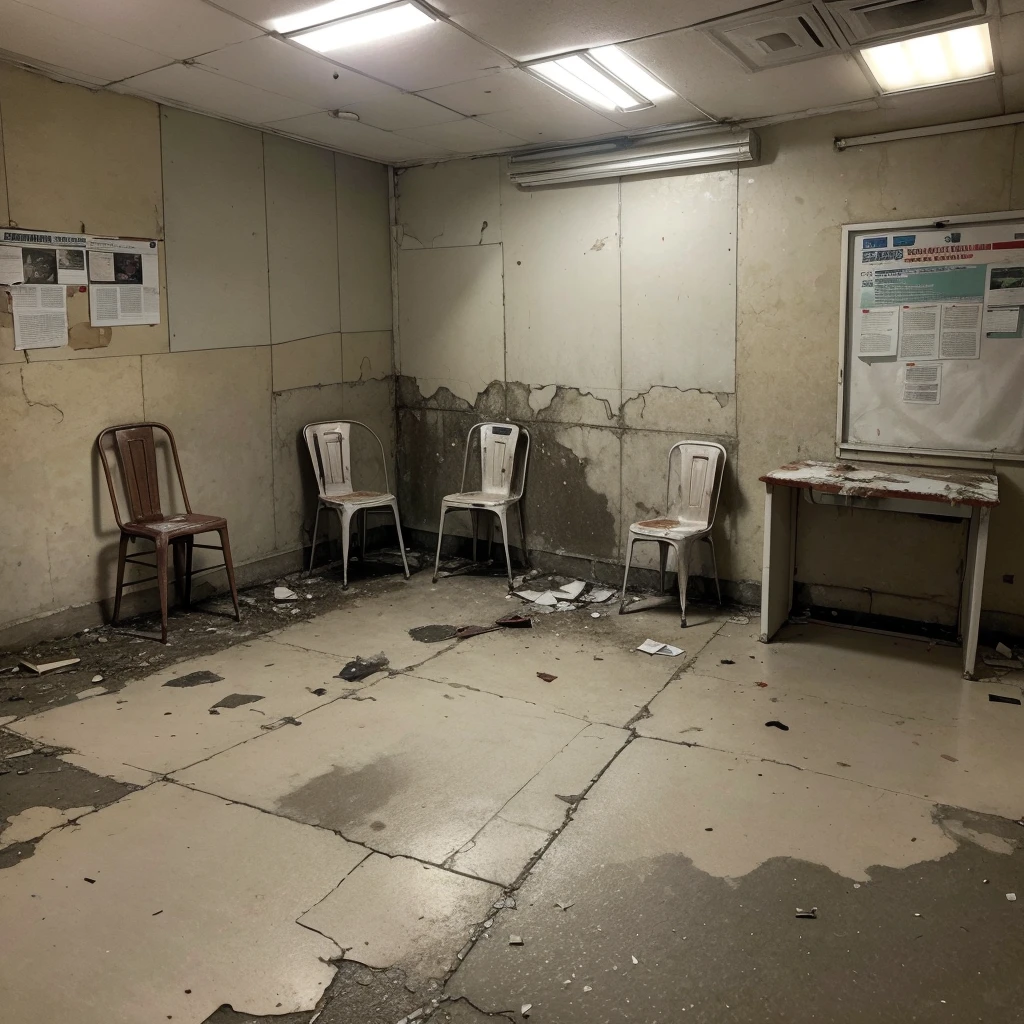 I would like an image of a scary police station. The environment must be large and dirty, with peeling walls and details that indicate abandonment and neglect. In the center, there will be a reception desk lit by only a dim spotlight, creating intense shadows around it. Around the counter, there should be approximately five simple, damaged plastic chairs. The floor is worn linoleum. On the walls, I would like to see details such as old posters, an outdated bulletin board, perhaps some stains that indicate leaks or infiltrations. The environment must convey a feeling of neglect and desolation typical of a neglected place."