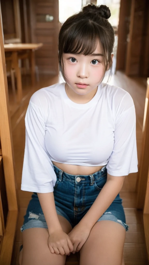 (Highest quality, 8K, masterpiece ), A 12-year-old junior high school student with a young face、Bun hairstyle、 Short Hairstyles、The eyes are large and clear、Large Breasts、Black Hair、Glamour thighs:1.2、Tight white training shirt, Highly detailed face, double eyelid, Round face:1.2、whole body、Sexy thighs:1.2、Round face:1.3、Side angle,Diagonal horizontal angle:1.2、Tight shorts