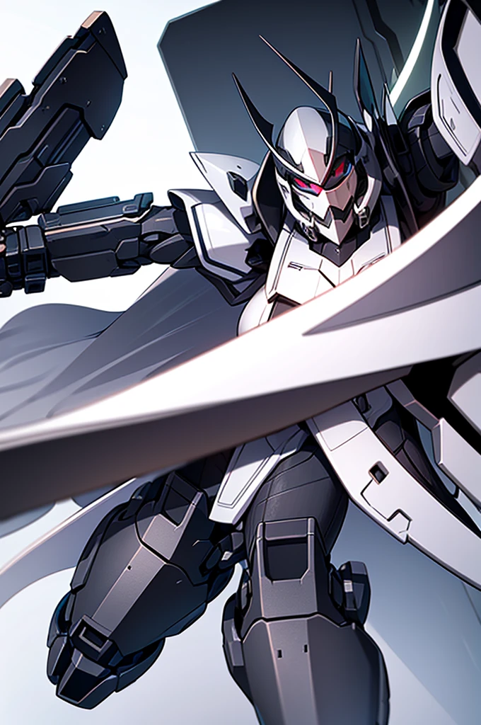 black battle mech, dynamic perspective,simple detaled, full body, heavy armor , white cape , face cover helmet with horns, white scarf, no background, warhammer style, woman shape, anime style, shield
