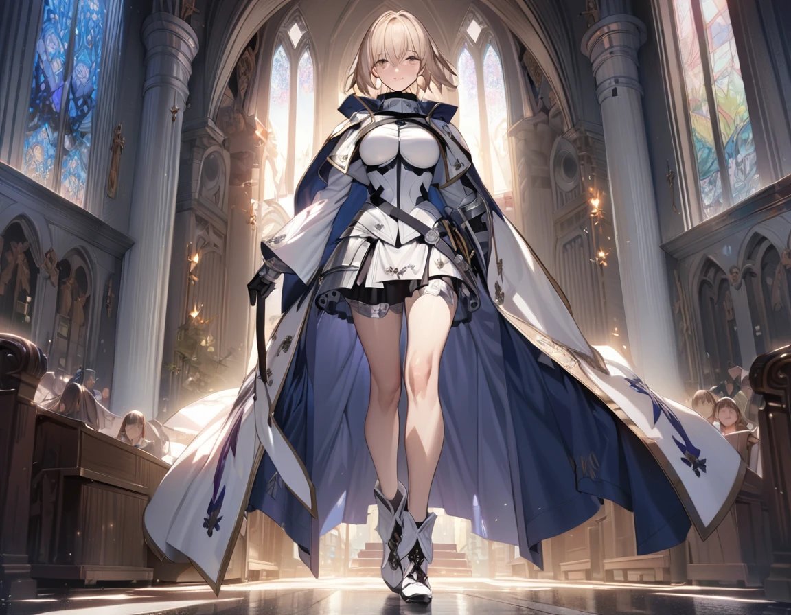 masterpiece肖像, Extreme details, (character focus:1.4), Very detailed, 8K 辛烷, HDR, Super detailed, best quality, best quality, Realistic lighting, Ultra Detailed,(8K, best quality, masterpiece:1.2),\(Eye details\),\(Facial features details\),(\(Clothes details details\)\),(1 girl:1.3),独奏,full body,silicon dioxide,Joan of Arc(/fate grand order/),church