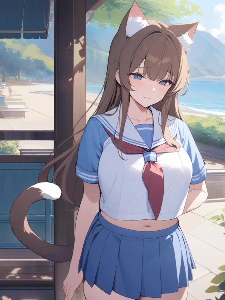 masterpiece, best quality, high quality, beautiful anime character, solo, anime girl with brown hair, soft hair, long hair, blue eyes, cat ears, big breasts, mature female, tall female, big girl, thick, (calming face, light smile, loving eyes), outdoors, (sailor uniform, pleated skirt, ribbon), short sleeves, cat tail, navel, legs,