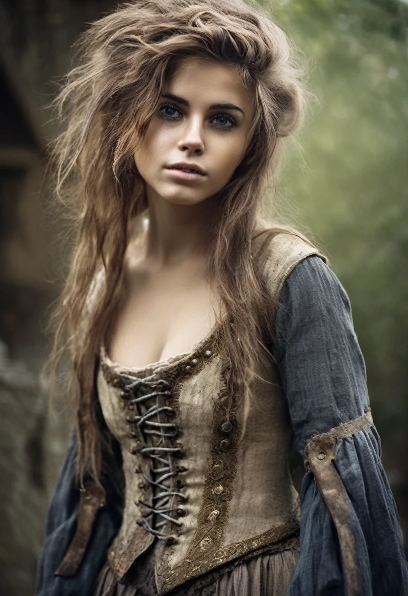 photorealistic, cute woman with messy hair and poor tattered clothes, beautiful sexy, (detailed medieval background), ultra sharp focus, detailed face, (((posing))), random hair color, short hair, pretty eyes, whole body, High quality analog color photography., depth of field, film grain