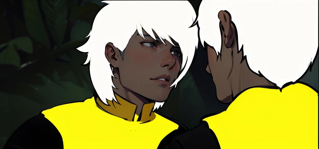 There are two 26-year-old men with white hair, black and yellow clothes, talking closely about something important, they look into each other's eyes, they are talking.