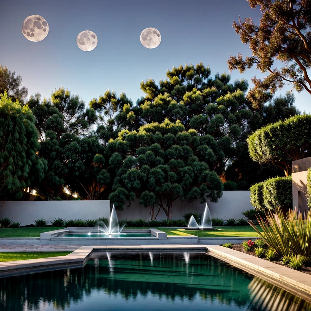 Drawing of an afternoon with shadow and the full moon of Lucero in front of a crystalline fountain