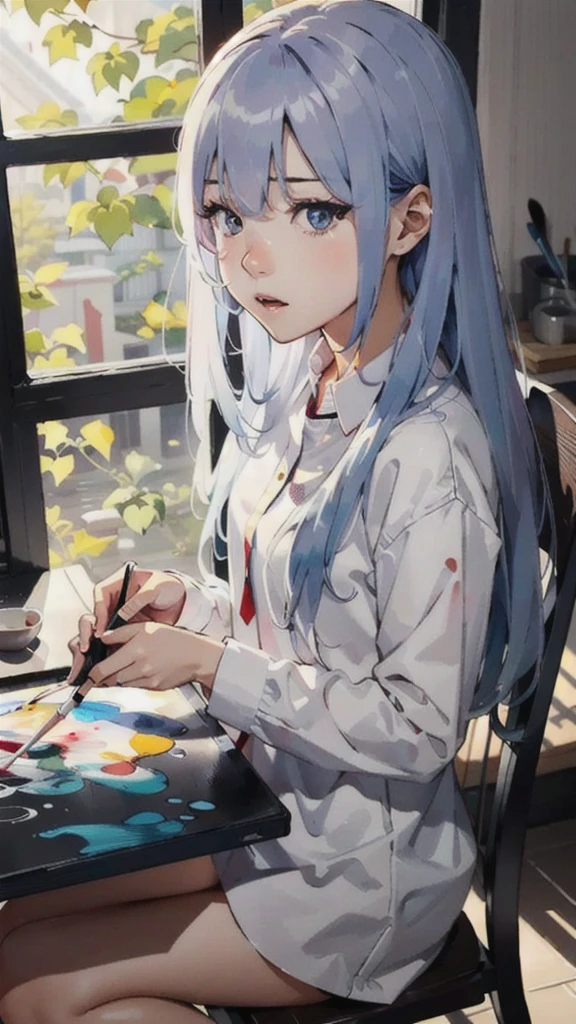 アニメ girl with a brush and a painting board in front of a window, painted in アニメ painter studio, Realistic cute girl drawing, beautiful アニメ portrait, アニメ. Soft lighting, Detailed painting 4k, アニメ realism style, realistic アニメ artstyle, Gweiz-style artwork, realistic アニメ art style, made with アニメ painter studio, portrait アニメ girl,Bad mood,LOL