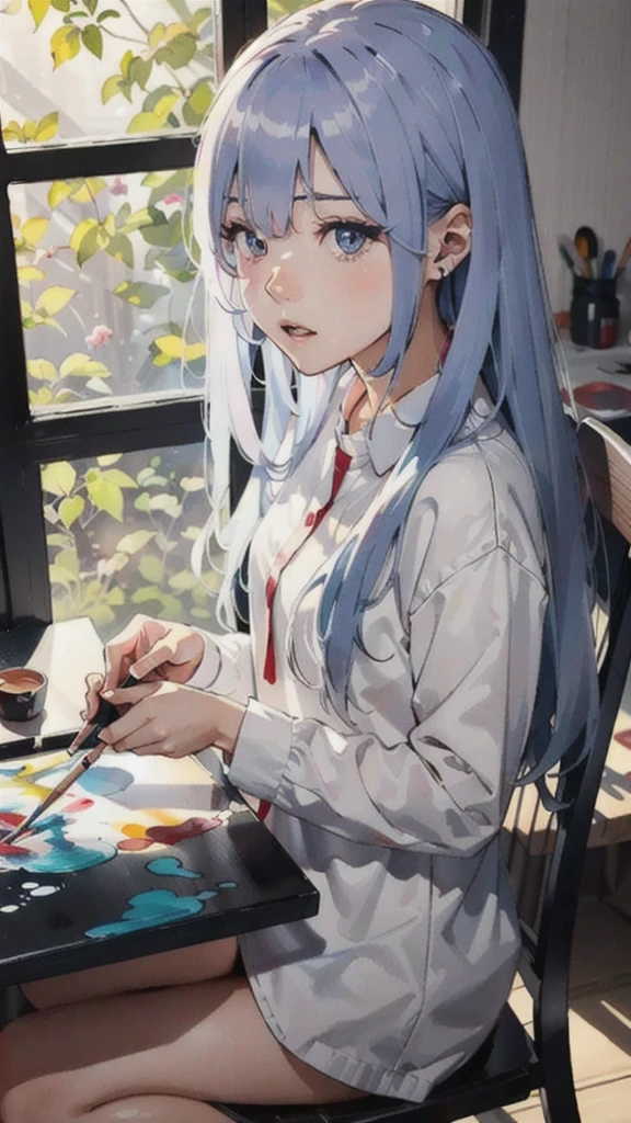 アニメ girl with a brush and a painting board in front of a window, painted in アニメ painter studio, Realistic cute girl drawing, beautiful アニメ portrait, アニメ. Soft lighting, Detailed painting 4k, アニメ realism style, realistic アニメ artstyle, Gweiz-style artwork, realistic アニメ art style, made with アニメ painter studio, portrait アニメ girl,Bad mood,LOL