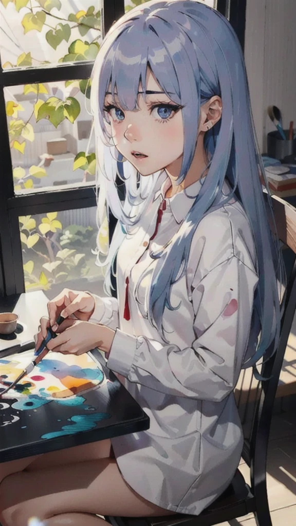 アニメ girl with a brush and a painting board in front of a window, painted in アニメ painter studio, Realistic cute girl drawing, beautiful アニメ portrait, アニメ. Soft lighting, Detailed painting 4k, アニメ realism style, realistic アニメ artstyle, Gweiz-style artwork, realistic アニメ art style, made with アニメ painter studio, portrait アニメ girl,Bad mood,LOL