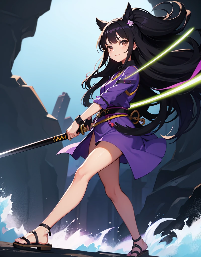 Young girl with black hair, brown eyes and olive skin, innocent and happy, wearing neon purple samurai tunic, armlets and sandals, weilding katana, fullbody, medieval background, athletic