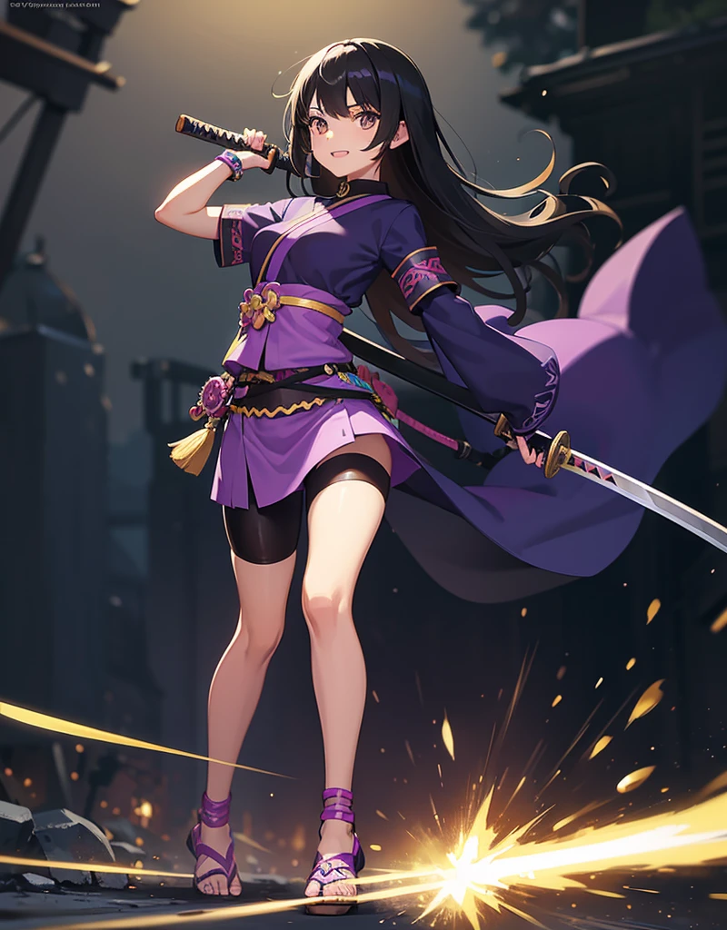 Young girl with black hair, brown eyes and olive skin, innocent and happy, wearing neon purple samurai tunic, armlets and sandals, weilding katana, fullbody, medieval background, athletic