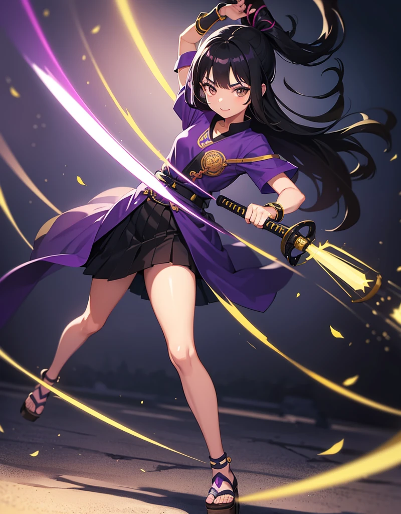 Young girl with black hair, brown eyes and olive skin, innocent and happy, wearing neon purple samurai tunic, armlets and sandals, weilding katana, fullbody, medieval background, athletic