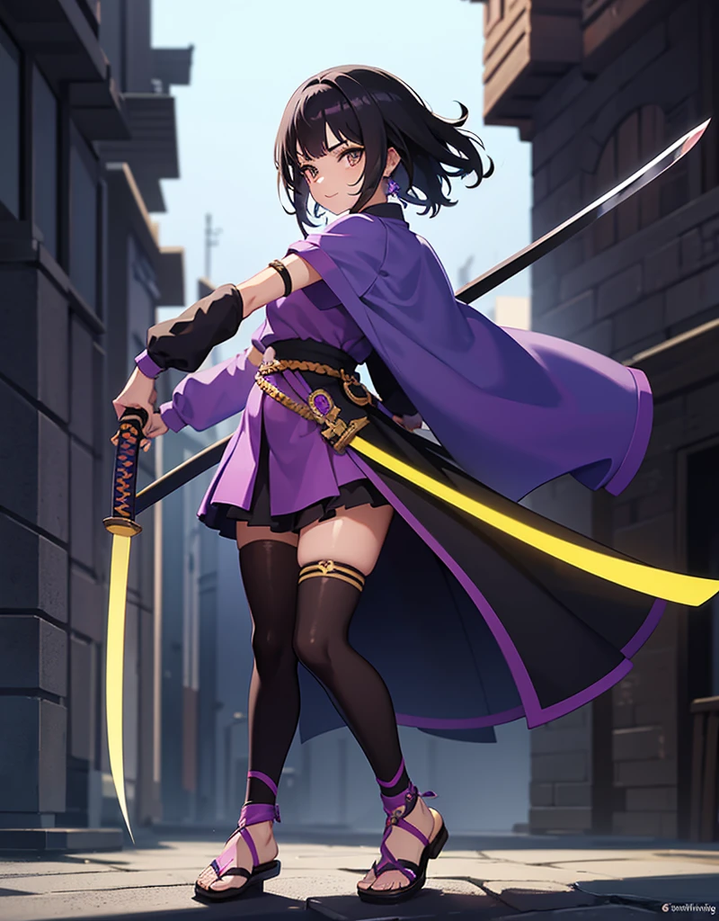 Young girl with black hair, brown eyes and olive skin, innocent and happy, wearing neon purple samurai tunic, armlets and sandals, weilding katana, fullbody, medieval background, athletic
