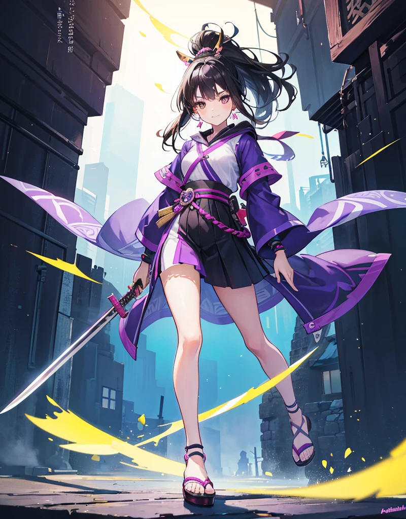 Young girl with black hair, brown eyes and olive skin, innocent and happy, wearing neon purple samurai tunic, armlets and sandals, weilding katana, fullbody, medieval background, athletic