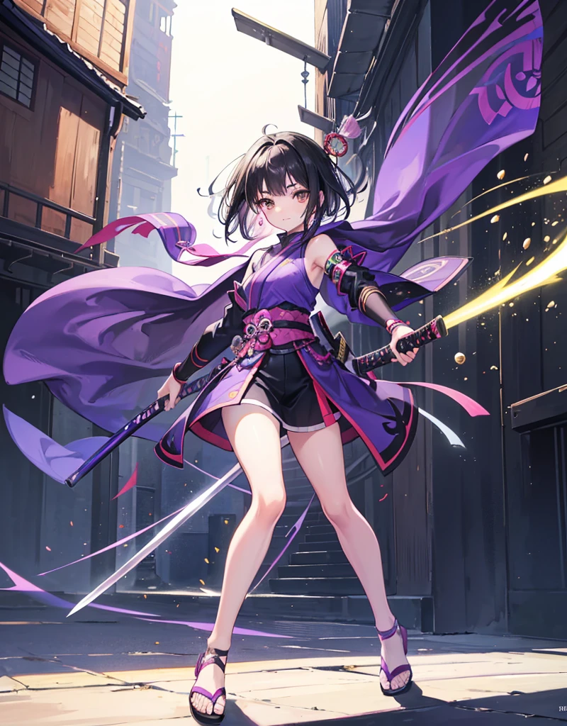 Young girl with black hair, brown eyes and olive skin, innocent and happy, wearing neon purple samurai tunic, armlets and sandals, weilding katana, fullbody, medieval background, athletic