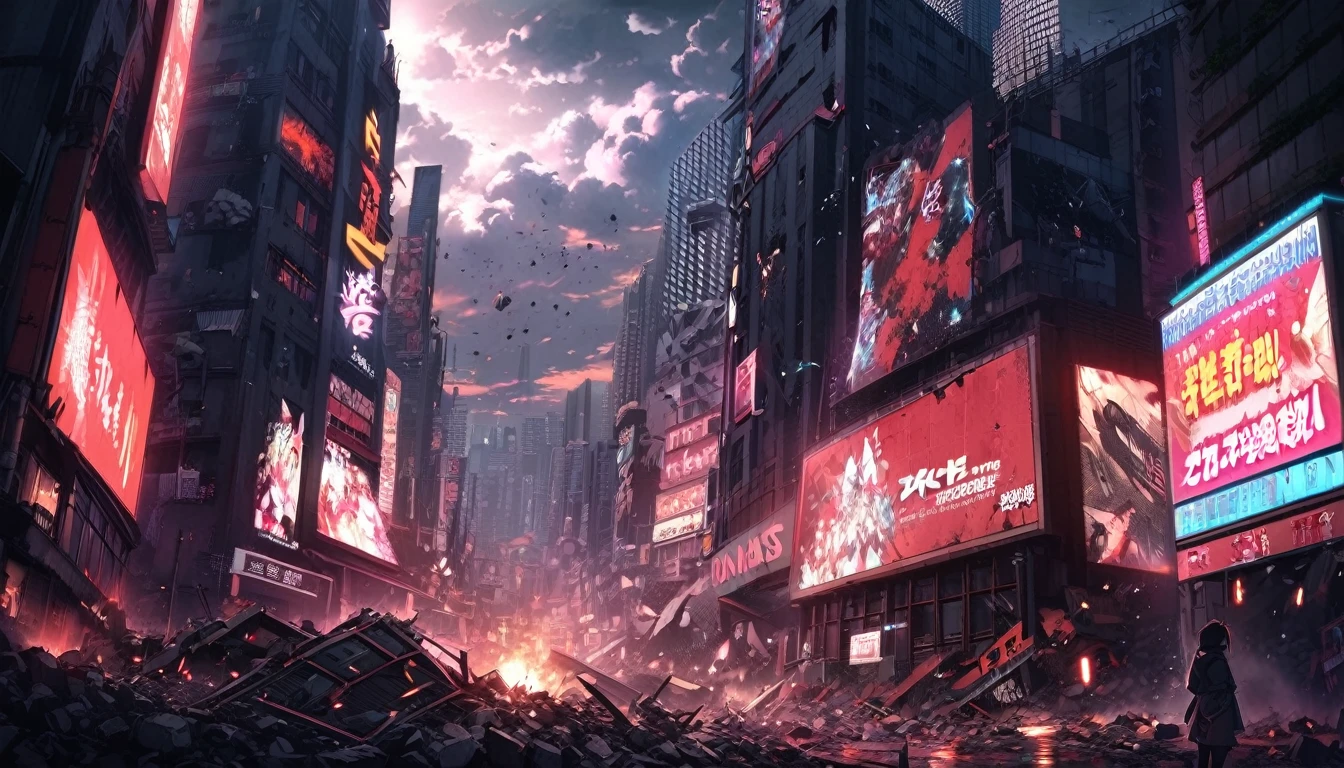 1girl, cityscape, apocalyptic, red_sky, debris, billboards, japanese_text, anime_style, dramatic_lighting, urban, chaos, vibrant_colors, night, neon_signs, destruction, wide_shot, cloud_fragments, floating_debris, ominous_atmosphere, digital_art