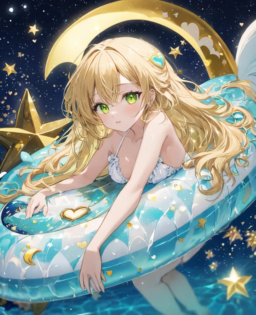 (masterpiece, best quality:1.2), (absurdres, highres, ultra-detailed), (perfect anatomy), 
Beautiful woman、Night Pool、Dolphin on a float、Blonde、Fluffy longhair、Yellow-green eyes、Background glitter、night、Crescent Moon、heart、White frilly swimsuit

(8K, RAW photo:1.2),detailed face and eyes,intricate detail ,masterpiece ,sharp focus, high quality,BREAK,rating: general, newest