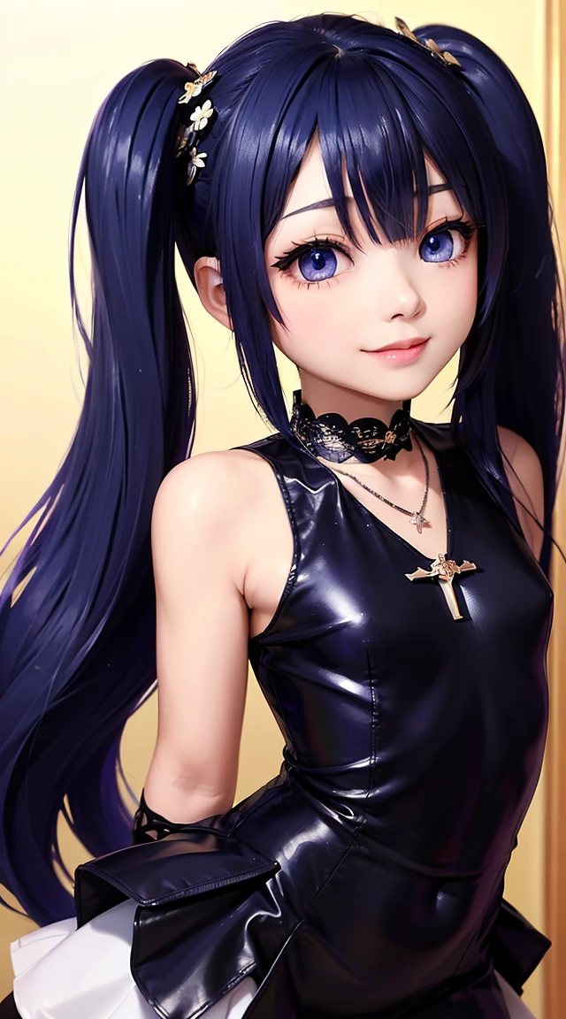 (masterpiece:1.3), (Best Quality:1.3), (Ultra-detailed:1.2), ((kawaii)), Cute, (lovely), ((sexy)), ((Extremely detailed)), 4K, (8K), Best Quality, (Beautiful), Illustration, anime style, (bold line:1.2), Gradation, looking at viewer, //, (bent down:1.1), (arms behind back), //, a cute girl, 1girl, (solo:1.2), gleaming skin, //, (flat chested), (Perfect eyes:1.2), (Perfect iris:1.2), //, darkblue hair color, (beautiful eyes) //, (half closed eyes:1.3), (sexual expression:1.2), Fascinated expression, smile, (blush:1.2), //, modern city background, on rock, twin tails, muscle girl, hard abs, exposed abs, NECKLACE, gothic dress, skirt