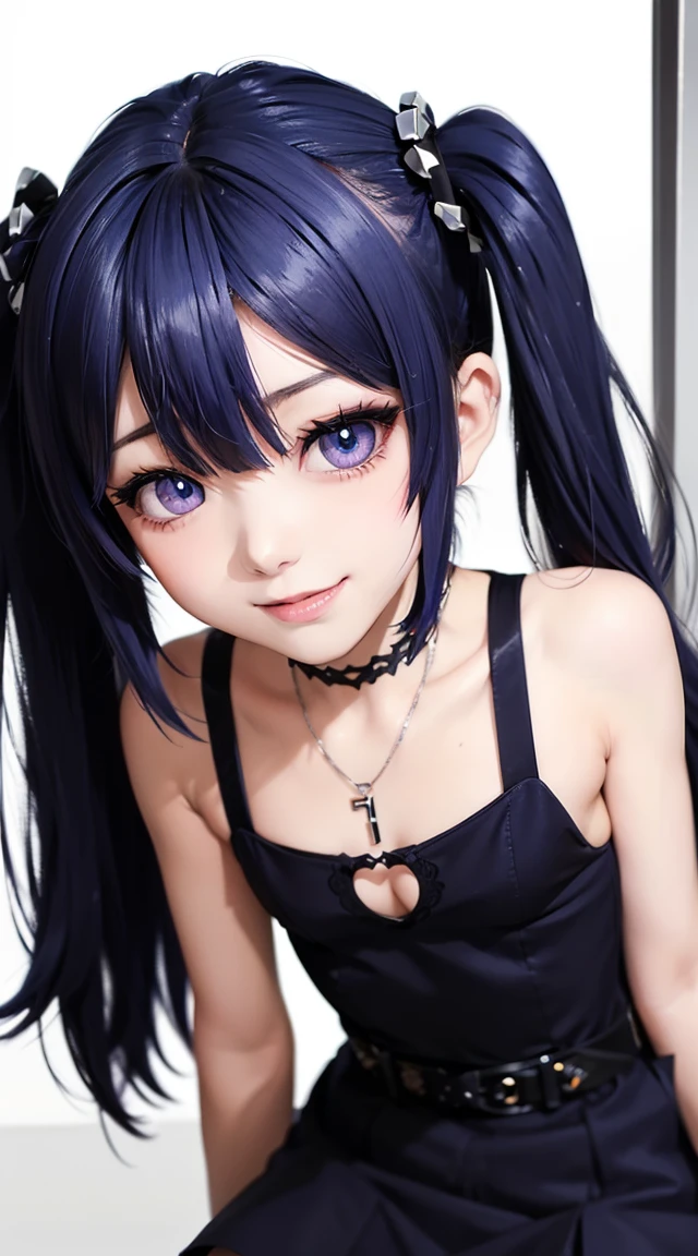 (masterpiece:1.3), (Best Quality:1.3), (Ultra-detailed:1.2), ((kawaii)), Cute, (lovely), ((sexy)), ((Extremely detailed)), 4K, (8K), Best Quality, (Beautiful), Illustration, anime style, (bold line:1.2), Gradation, looking at viewer, //, (bent down:1.1), (arms behind back), //, a cute girl, 1girl, (solo:1.2), gleaming skin, //, (flat chested), (Perfect eyes:1.2), (Perfect iris:1.2), //, darkblue hair color, (beautiful eyes) //, (half closed eyes:1.3), (sexual expression:1.2), Fascinated expression, smile, (blush:1.2), //, modern city background, on rock, twin tails, muscle girl, hard abs, exposed abs, NECKLACE, gothic dress, skirt