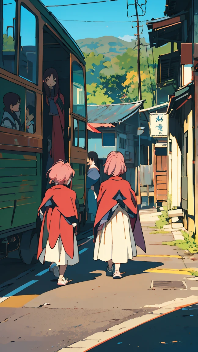 anime、On the road、Daytime、The children are sitting。Surrounded by children。Let the children listen。In the town。Cinematic shots, At the Crossroads, A bard with a lute and a star-cloak. ., (anime イラスト :1.3)、Pink hair girl