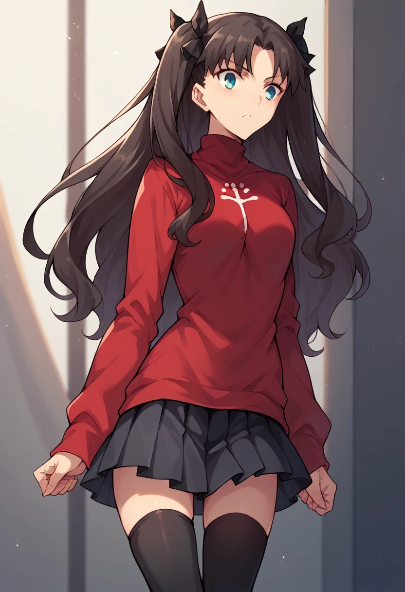 Rin Tohsaka,black skirt, black thighhighs, long sleeves, miniskirt, pleated skirt, red sweater, skirt, sweater, thighhighs, turtleneck,
