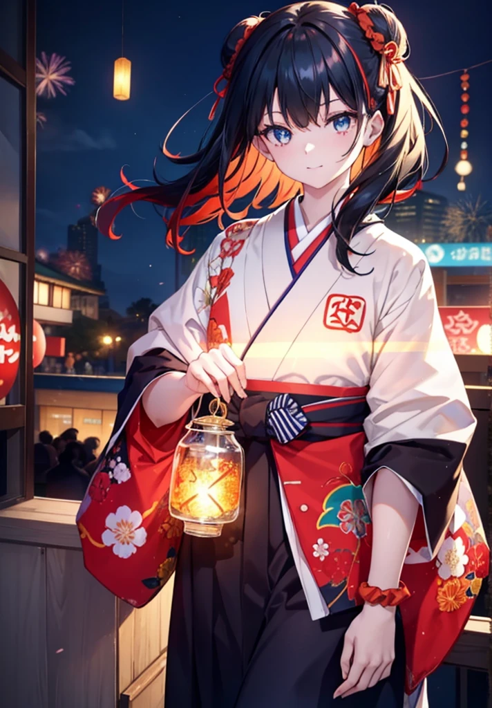 Takada Rokka, Black Hair, blue eyes, Long Hair, orange Scrunchie, Scrunchie, wrist Scrunchie,White Kimono,Thick sleeves,Sandals,日本のfestival,夏festivalの屋台,Red lantern,Hair Bun, double Hair Bun,happy smile, smile, Open your mouth,Fireworks,The place is a fireworks display、Time is night,Walking,whole bodyがイラストに入るように,
break outdoors, festival,
break looking at viewer, whole body,(Cowboy Shot:1. 5),
break (masterpiece:1.2), Highest quality, High resolution, unity 8k wallpaper, (shape:0.8), (Fine and beautiful eyes:1.6), Highly detailed face, Perfect lighting, Highly detailed CG, (Perfect hands, Perfect Anatomy),