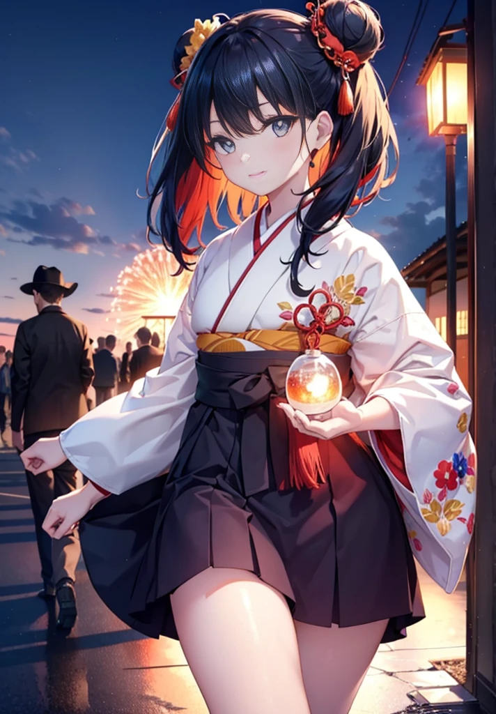 Takada Rokka, Black Hair, blue eyes, Long Hair, orange Scrunchie, Scrunchie, wrist Scrunchie,White Kimono,Thick sleeves,Sandals,日本のfestival,夏festivalの屋台,Red lantern,Hair Bun, double  Hair Bun,happy smile, smile, Open your mouth,Fireworks,The place is a fireworks display、Time is night,Walking,whole bodyがイラストに入るように,
break outdoors, festival,
break looking at viewer, whole body,(Cowboy Shot:1. 5),
break (masterpiece:1.2), Highest quality, High resolution, unity 8k wallpaper, (shape:0.8), (Fine and beautiful eyes:1.6), Highly detailed face, Perfect lighting, Highly detailed CG, (Perfect hands, Perfect Anatomy),