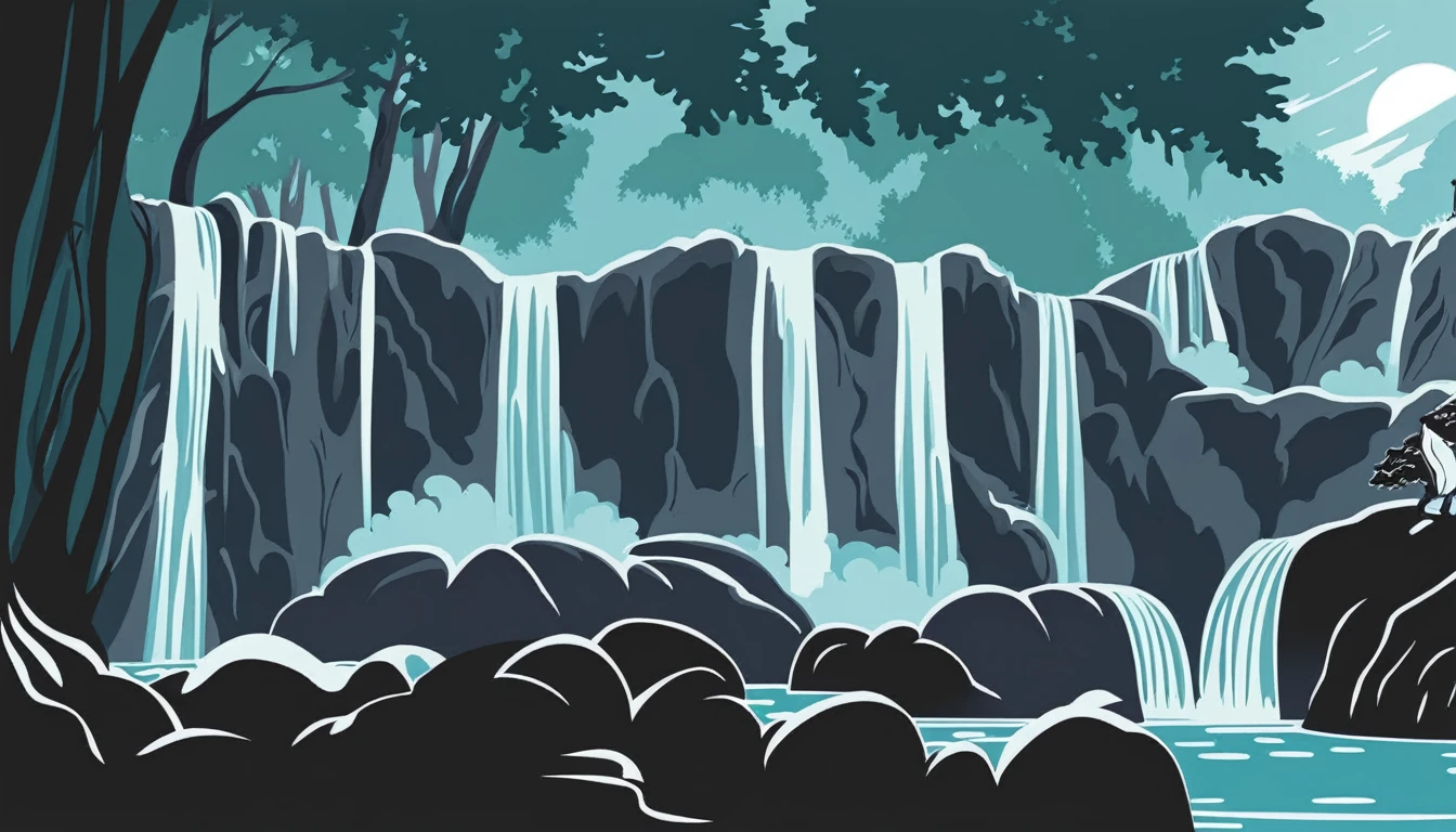 /Imagine Prompt: Waterfall illustration for banner on white background, bold outline style, irregular, Trashcore, light shading