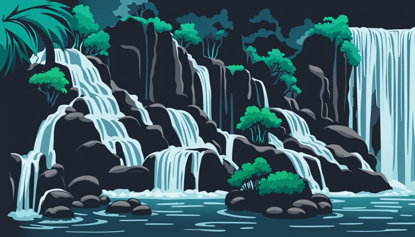 /Imagine Prompt: Waterfall illustration for banner on white background, bold outline style, irregular, Trashcore, light shading