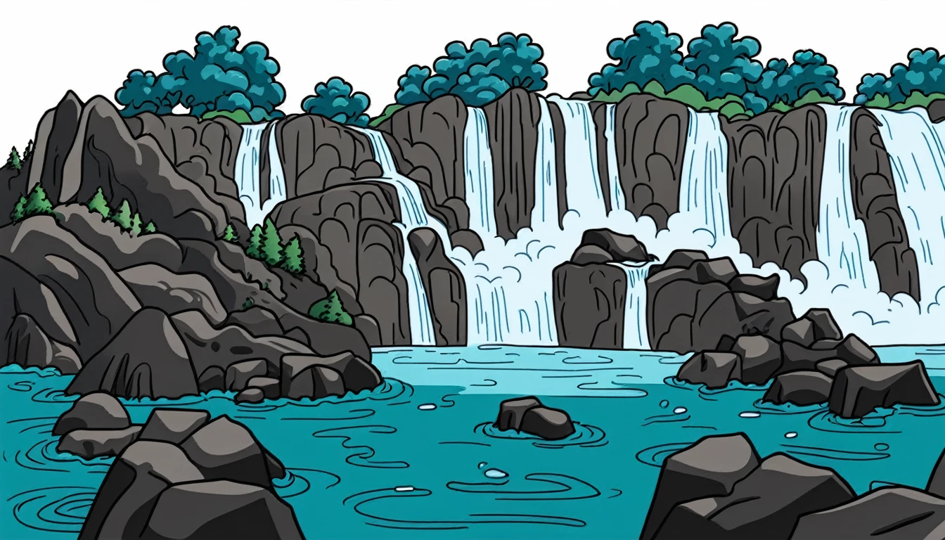 /Imagine Prompt: Waterfall illustration for banner on white background, bold outline style, irregular, Trashcore, light shading