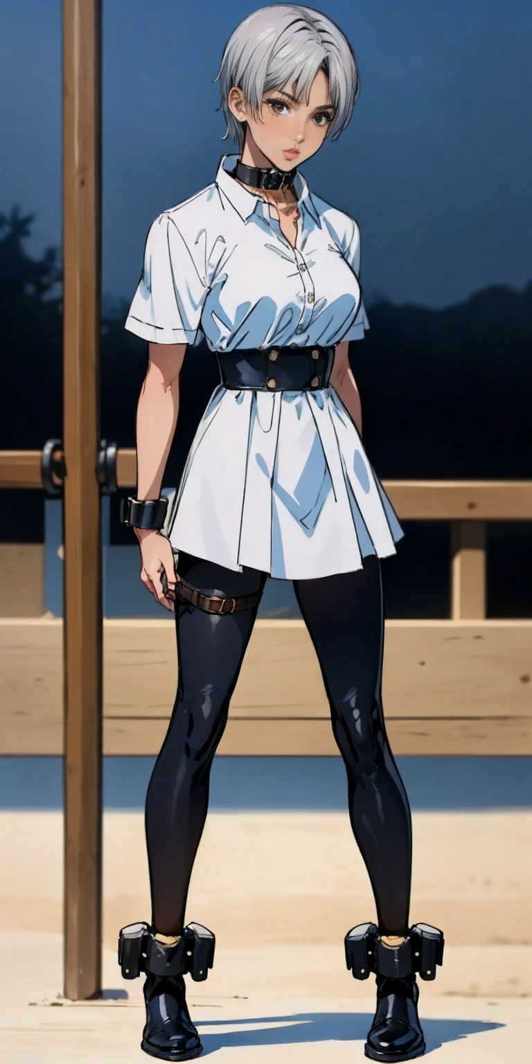 (Masterpiece, best quality, intricate details, 1sologirl) iron collar, arms behind back, iron cuffs, shackles, leather collar choker neck bell, bound ((standing by wooden pole:1.2)) ((female Black Dark skin Gyaru)) show entire body frontal position, feet in view, realistic, gorgeous 16y.o. darkest skinned mixed race female, black African, transparent black pantyhose, legs open, museum,barefoot no shoes, looking to viewer straight symmetrical, white silver long hair