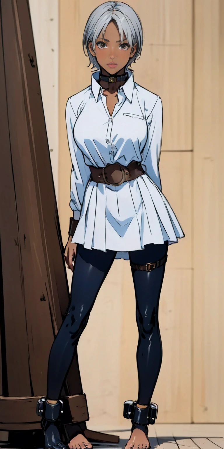 (Masterpiece, best quality, intricate details, 1sologirl) iron collar, arms behind back, iron cuffs, shackles, leather collar choker neck bell, bound ((standing by wooden pole:1.2)) ((female Black Dark skin Gyaru)) show entire body frontal position, feet in view, realistic, gorgeous 16y.o. darkest skinned mixed race female, black African, transparent black pantyhose, legs open, museum,barefoot no shoes, looking to viewer straight symmetrical, white silver long hair