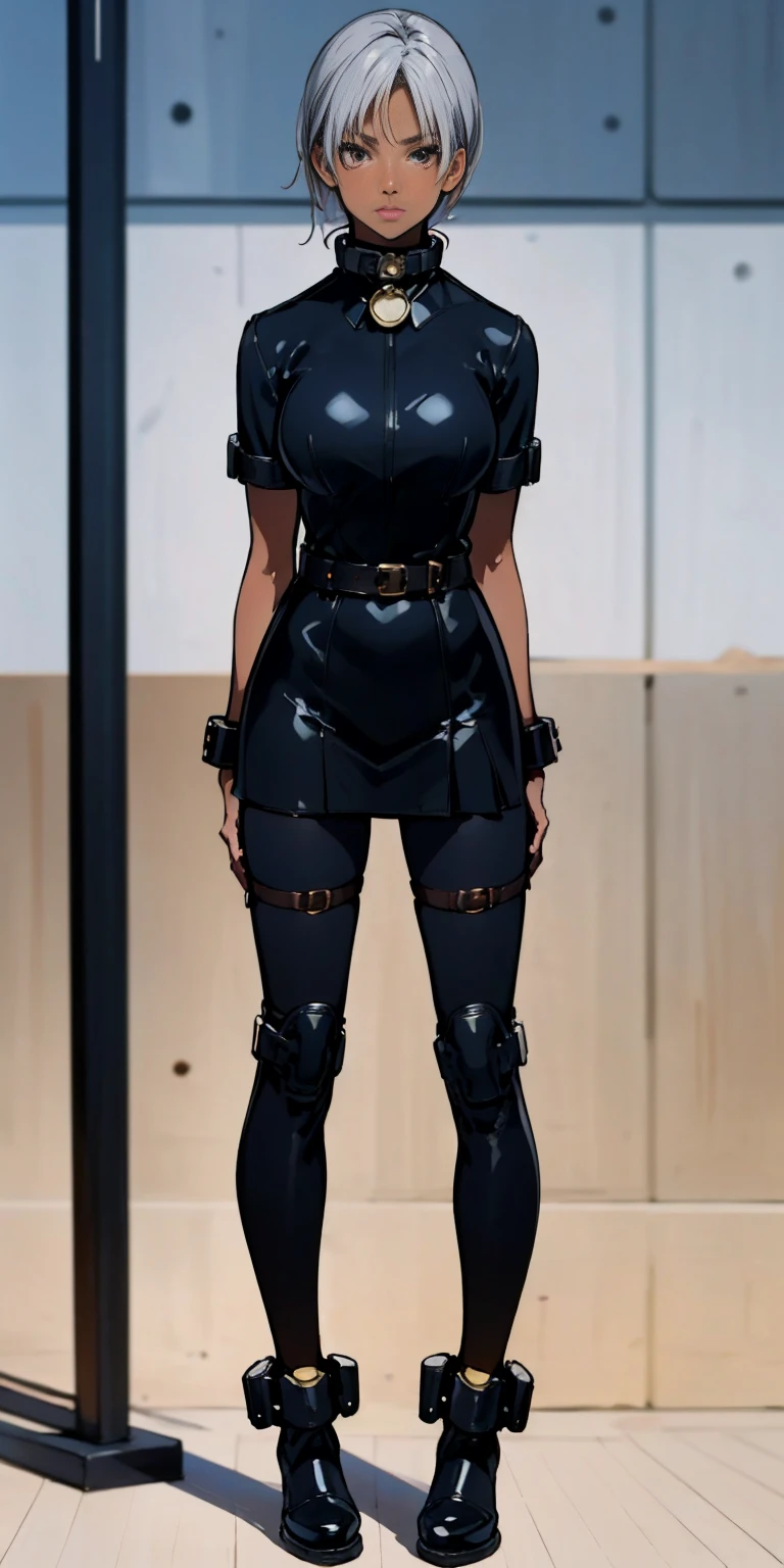 (Masterpiece, best quality, intricate details, 1sologirl) iron collar, arms behind back, iron cuffs, shackles, leather collar choker neck bell, bound ((standing by wooden pole:1.2)) ((female Black Dark skin Gyaru)) show entire body frontal position, feet in view, realistic, gorgeous 16y.o. darkest skinned mixed race female, black African, transparent black pantyhose, legs open, museum,barefoot no shoes, looking to viewer straight symmetrical, white silver long hair