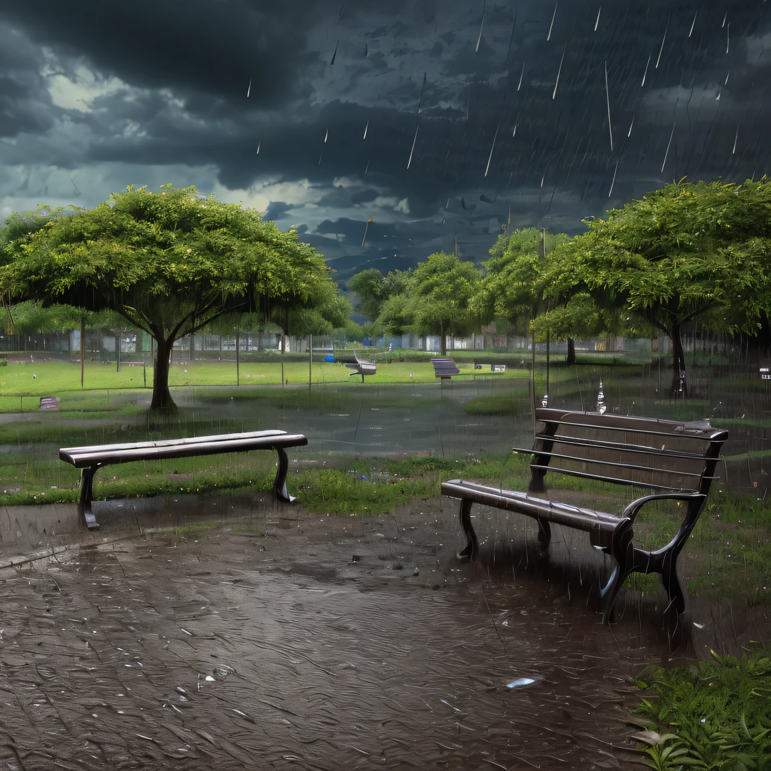 (high quality), (Realistic photos:1.7)、((masterpiece:1.4))、Empty park、((Rainy Park:1.5))、((Dark rainy sky:1.4))、Daytime、Rain-soaked bench:1.7、