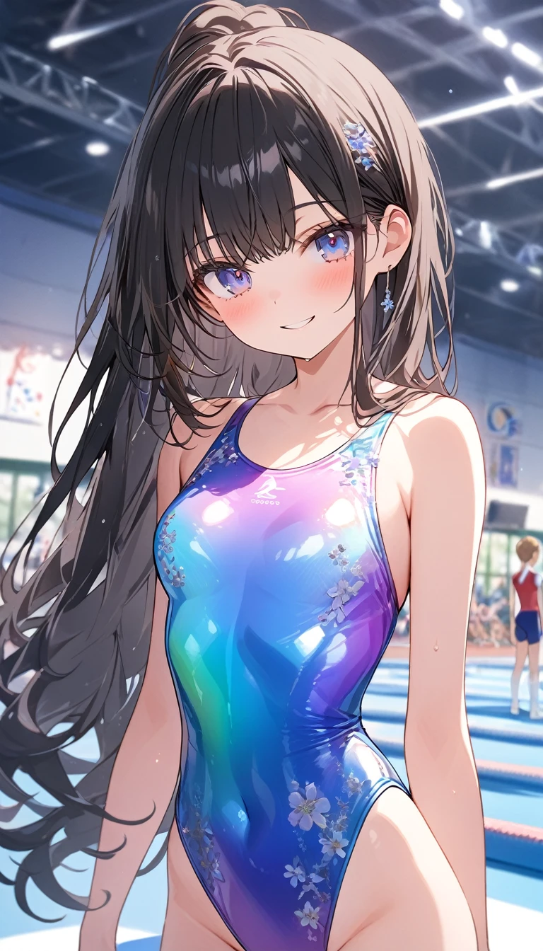 highquality illustration, masterpiece, very delicate and beautiful, attractive girl,(gymnastics leotard, Floral patterns leotard,long sleeve leotard with glittery decoration,high_leg leotard,athletic leotard,tight-fit leotard,iridescent gradient leotard,long-sleeve leotard),thin,slender body,slim,high school,gymnasium background,gymnastics club,gymnastics athlete,princess, beautiful eyes,light smile,(masterpiece, best quality:1.2), highres, extremely detailed CG unity 8k wallpaper, perfect lighting, Colourful, ultra-high res,4K,ultra-detailed, photography, 8K, HDR, 17 ages,