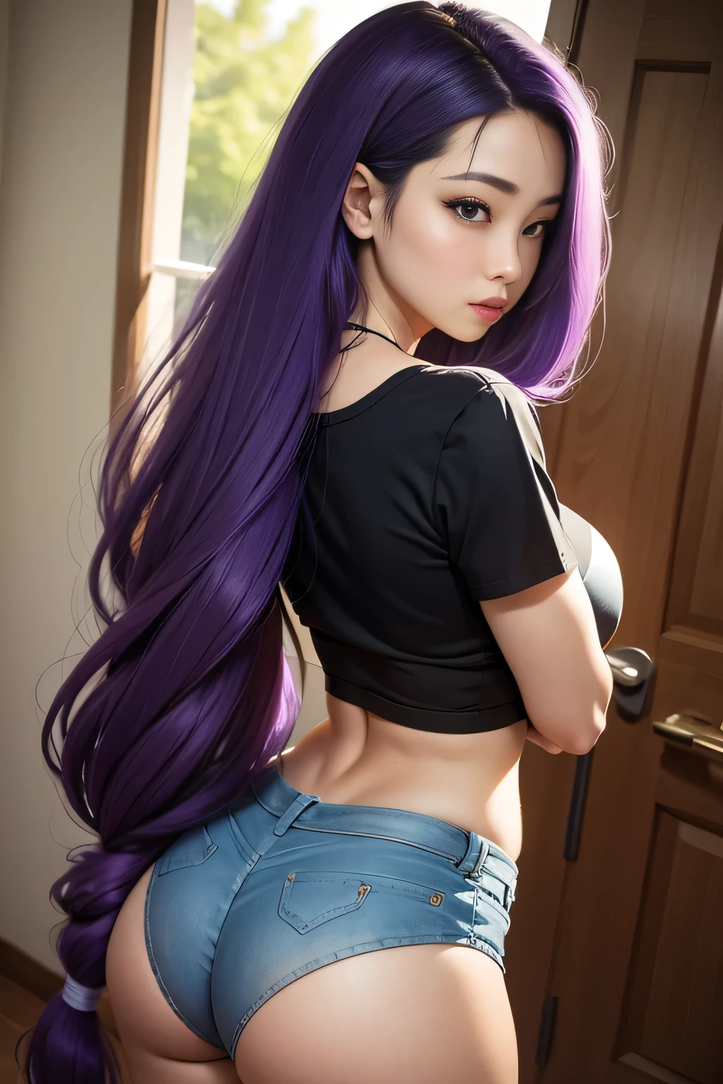 sfw, Girl with long purple hair, Slim, bike shorts, seen from behind, wearing bra,((skinny waist)), young asian girl, ((big breasted)),