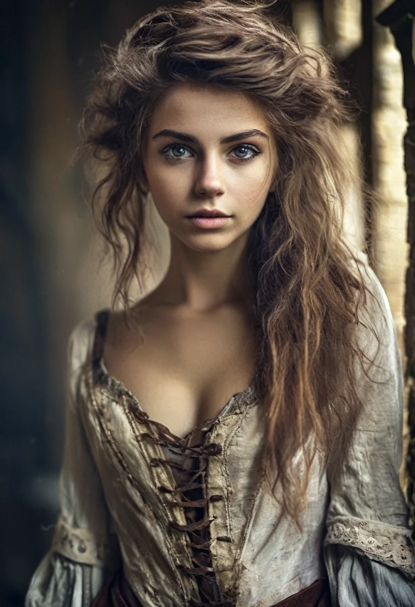 photorealistic, cute woman with messy hair and poor tattered clothes, beautiful sexy, (detailed medieval background), ultra sharp focus, detailed face, (((posing))), random hair color, short hair, pretty eyes, whole body, High quality analog color photography., depth of field, film grain
