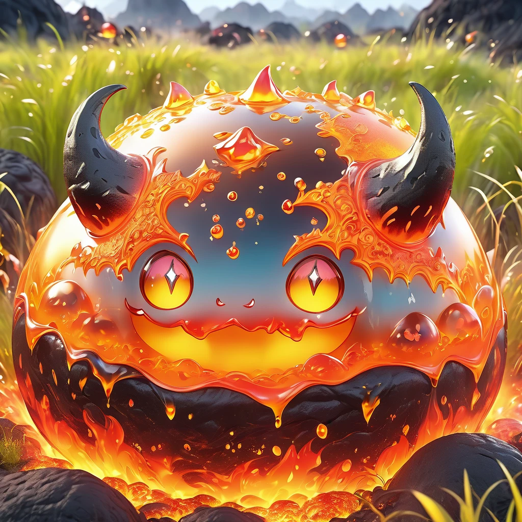 best quality, very good, 1.60,000, ridiculous, Extremely detailed, Cute slime devil，Has horns made of translucent boiling lava, Background grassland ((A masterpiece full of fantasy elements))), ((Best quality)), ((Intricate details)) (8K), ((best quality)), ((Intricate details)) (8K)