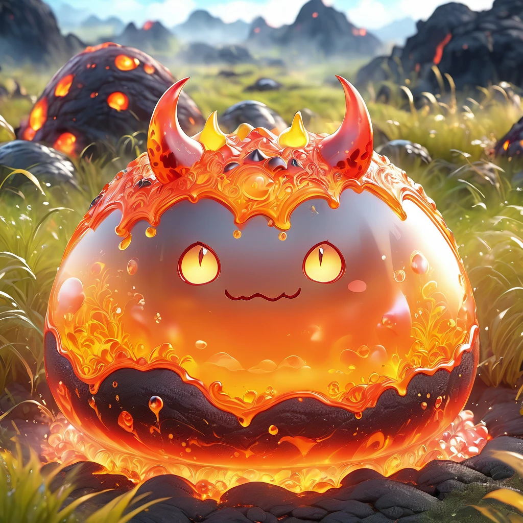 best quality, very good, 1.60,000, ridiculous, Extremely detailed, Cute slime devil，Has horns made of translucent boiling lava, Background grassland ((A masterpiece full of fantasy elements))), ((Best quality)), ((Intricate details)) (8K), ((best quality)), ((Intricate details)) (8K)