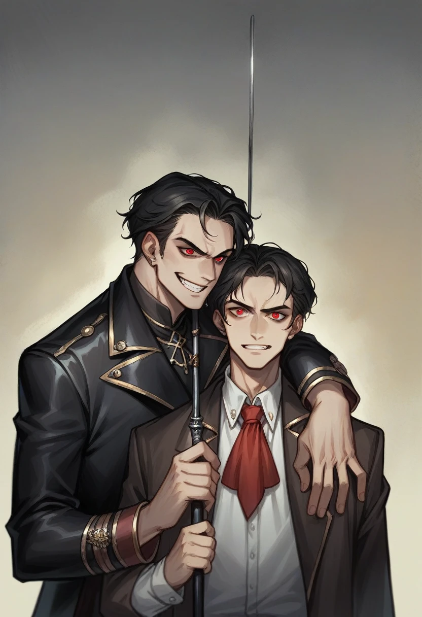 A person,Transport yourself to 18th-century Victorian London a black-haired man in a leather coat, a scarlet neckerchief is tied around the man's neck, The man, with your alarming scarlet eyes, razor-sharp and malevolent grin, clutches a cane tightly, painting a poignant picture ominous darkness,