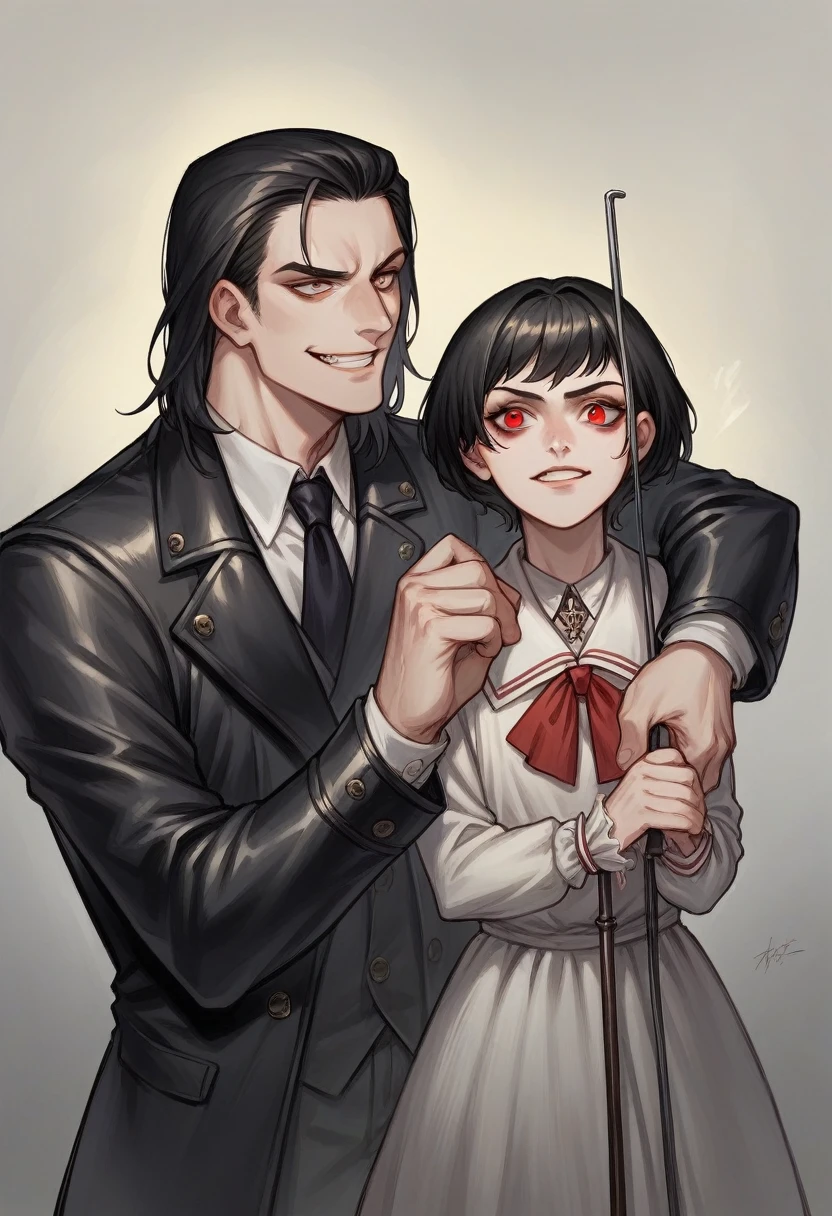 A person,Transport yourself to 18th-century Victorian London a black-haired man in a leather coat, a scarlet neckerchief is tied around the man's neck, The man, with your alarming scarlet eyes, razor-sharp and malevolent grin, clutches a cane tightly, painting a poignant picture ominous darkness,