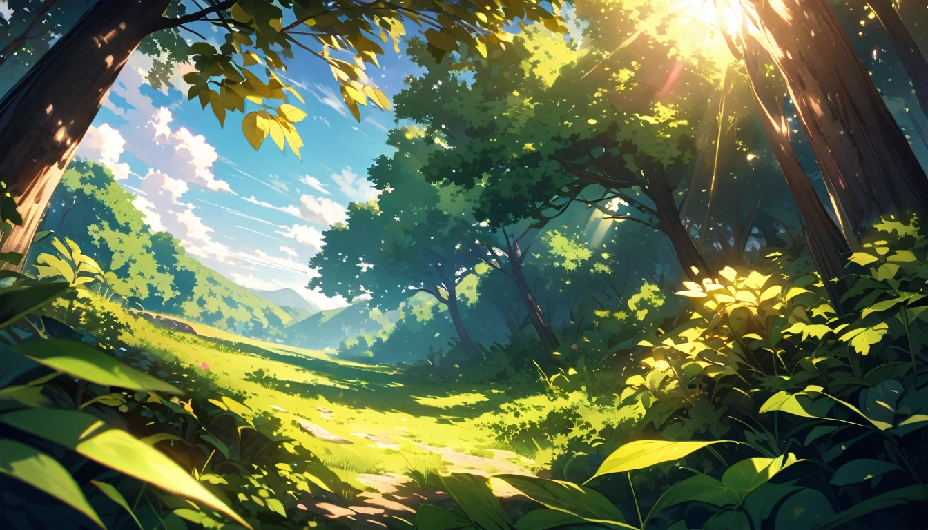 Sky, sun peeking through leaves, landscape, no people, vibrant colors, serene, nature photography, wide-angle lens, soft sunlight, lush greenery, peaceful atmosphere, detailed foliage.